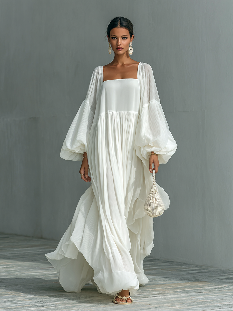 Rochie Maxy Plisată cu Mâneci Tip Lanternă și Guler Tip Rever