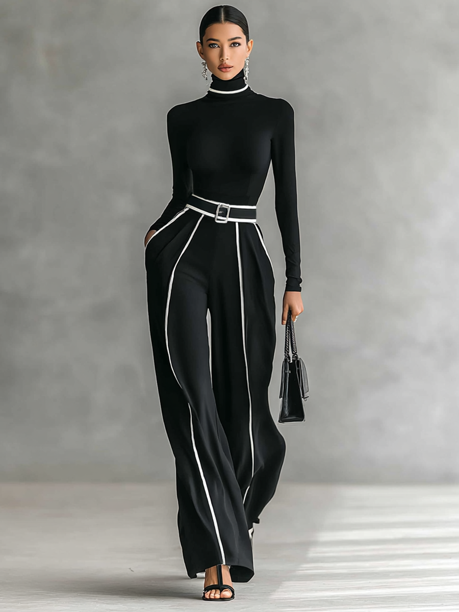 Set de două piese pentru femei cu top cu gât înalt, mâneci lungi, pantaloni cu picior larg și curea