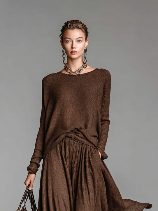 Set Fustă și Pulover cu Guler Rotund din Tricot