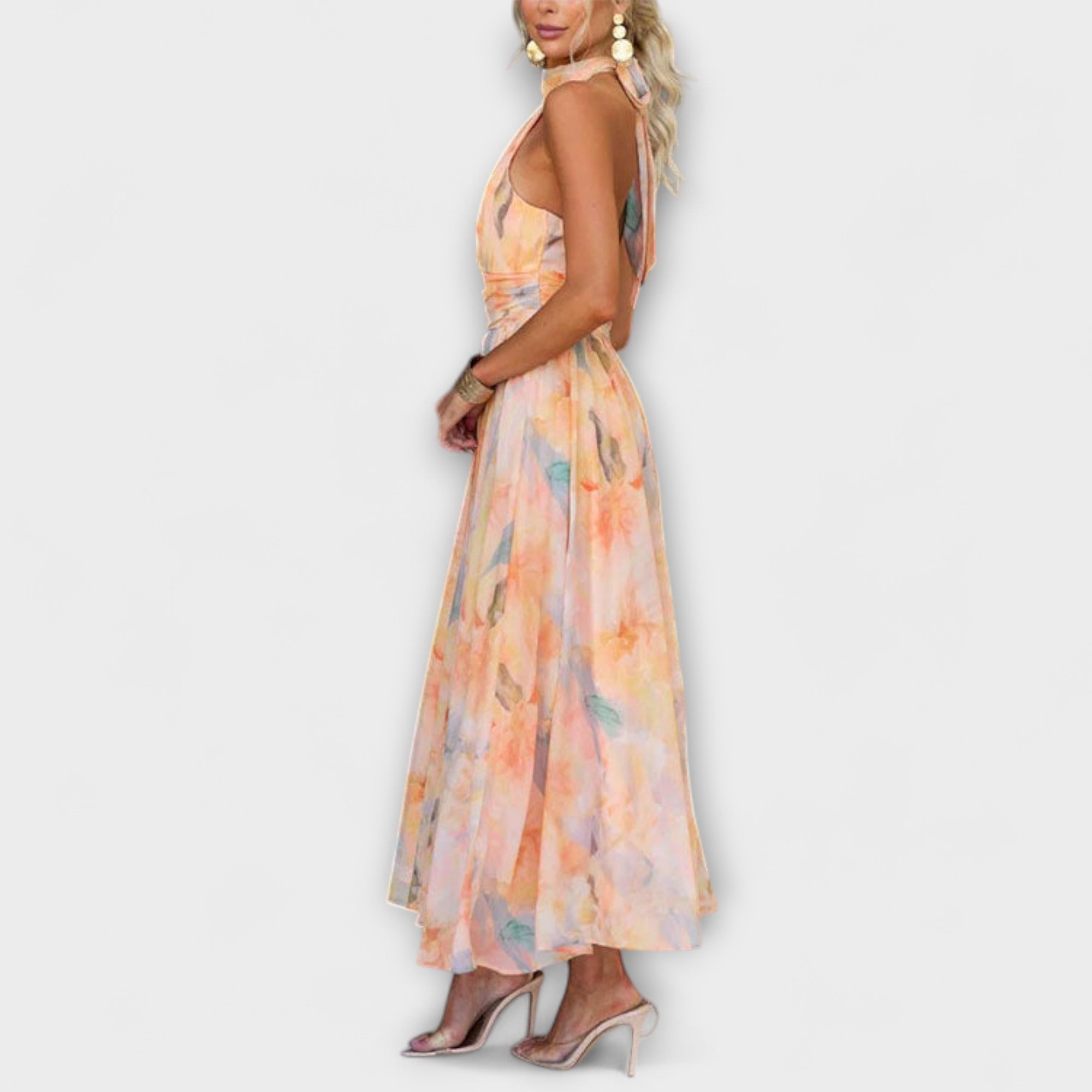 Rochie Maxi cu Imprimare Aquarel și Gât Halter