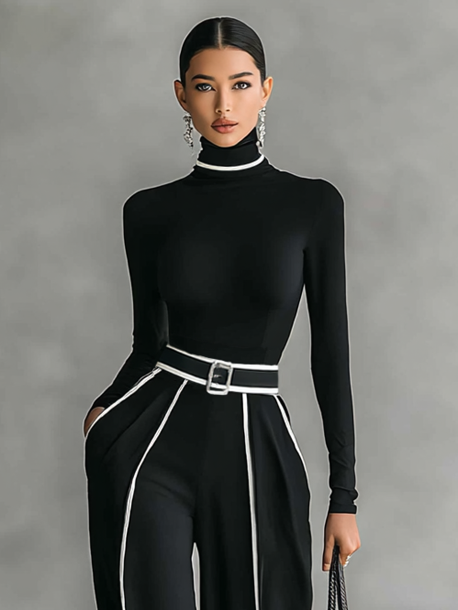 Set de două piese pentru femei cu top cu gât înalt, mâneci lungi, pantaloni cu picior larg și curea