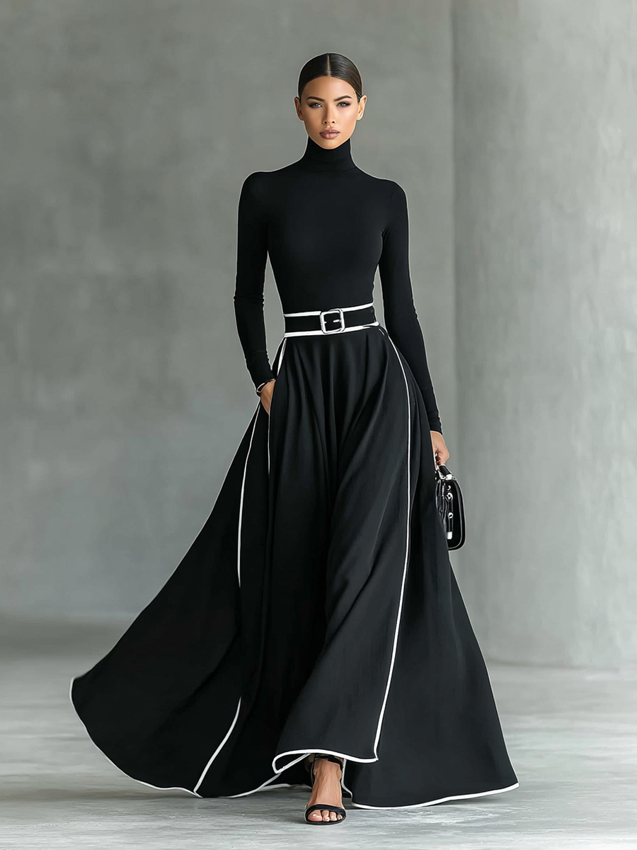 Rochie Maxi Neagră cu Cusături Albe, Gât Înalt, Mâneci Lungi și Curea Strânsă