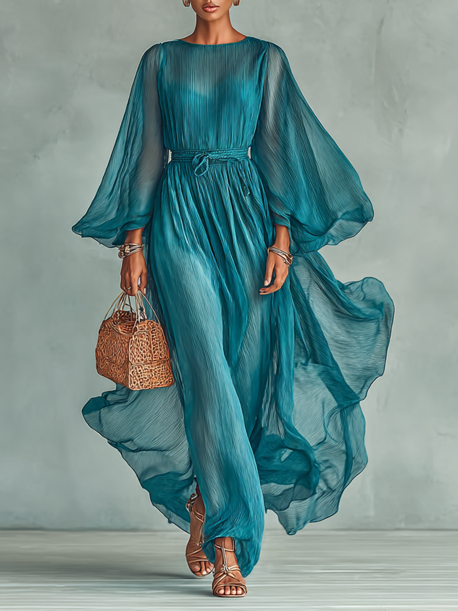 Rochie Maxi din Chiffon cu Guler Rotund și Mâneci Lungi pentru Femei, cu Talie Reglaibilă