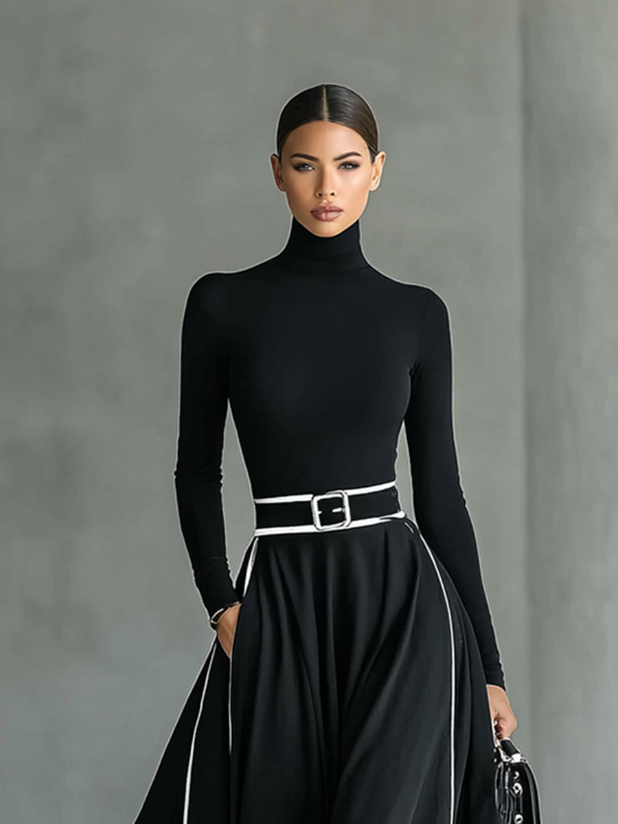Rochie Maxi Neagră cu Cusături Albe, Gât Înalt, Mâneci Lungi și Curea Strânsă