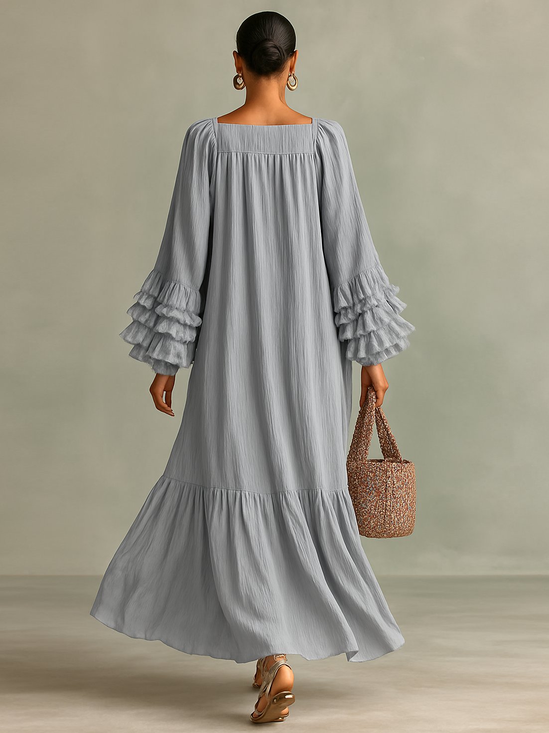 Rochie Maxi din Chiffon Plisat pentru Femei cu Mâneci Lungi și Volane