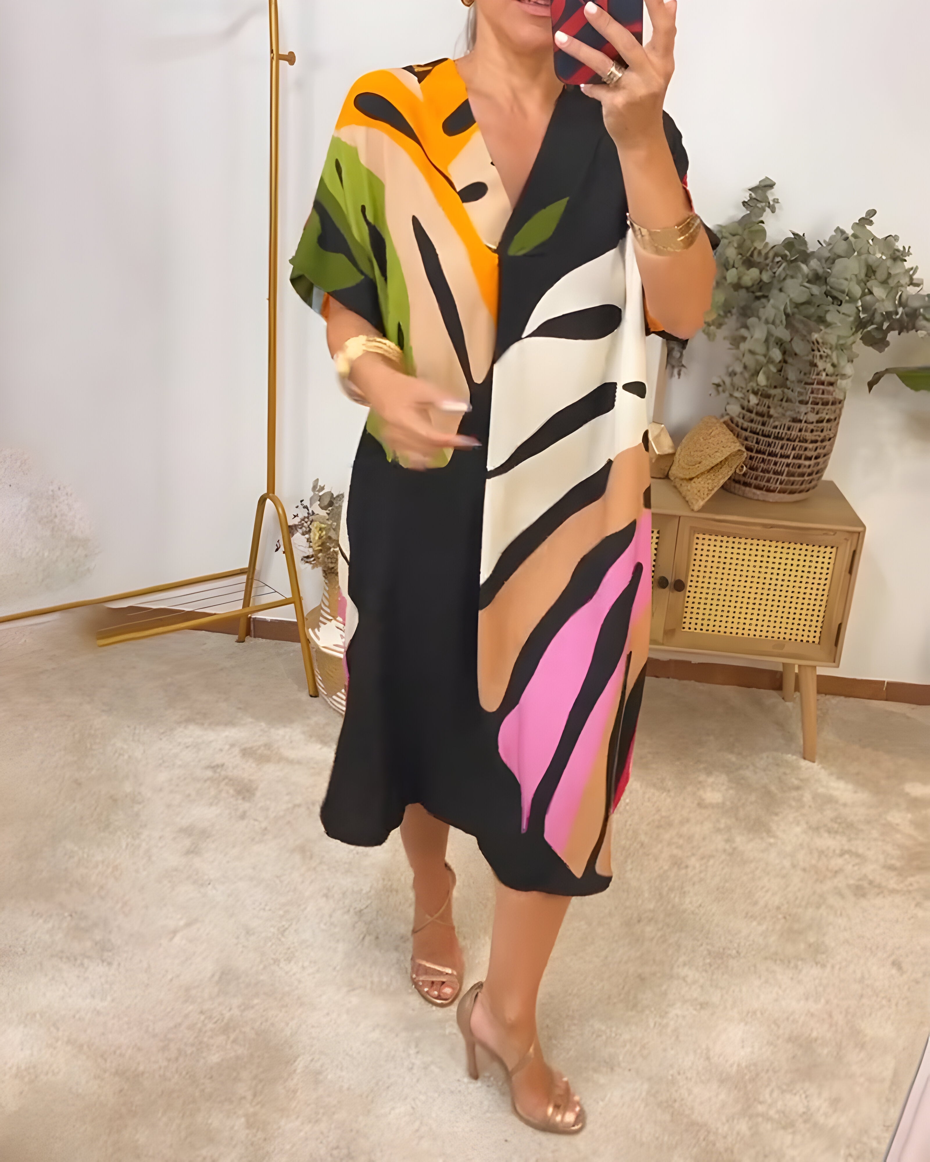 Roos™ | Rochie Zilnică cu Imprimare Colorată de Frunze