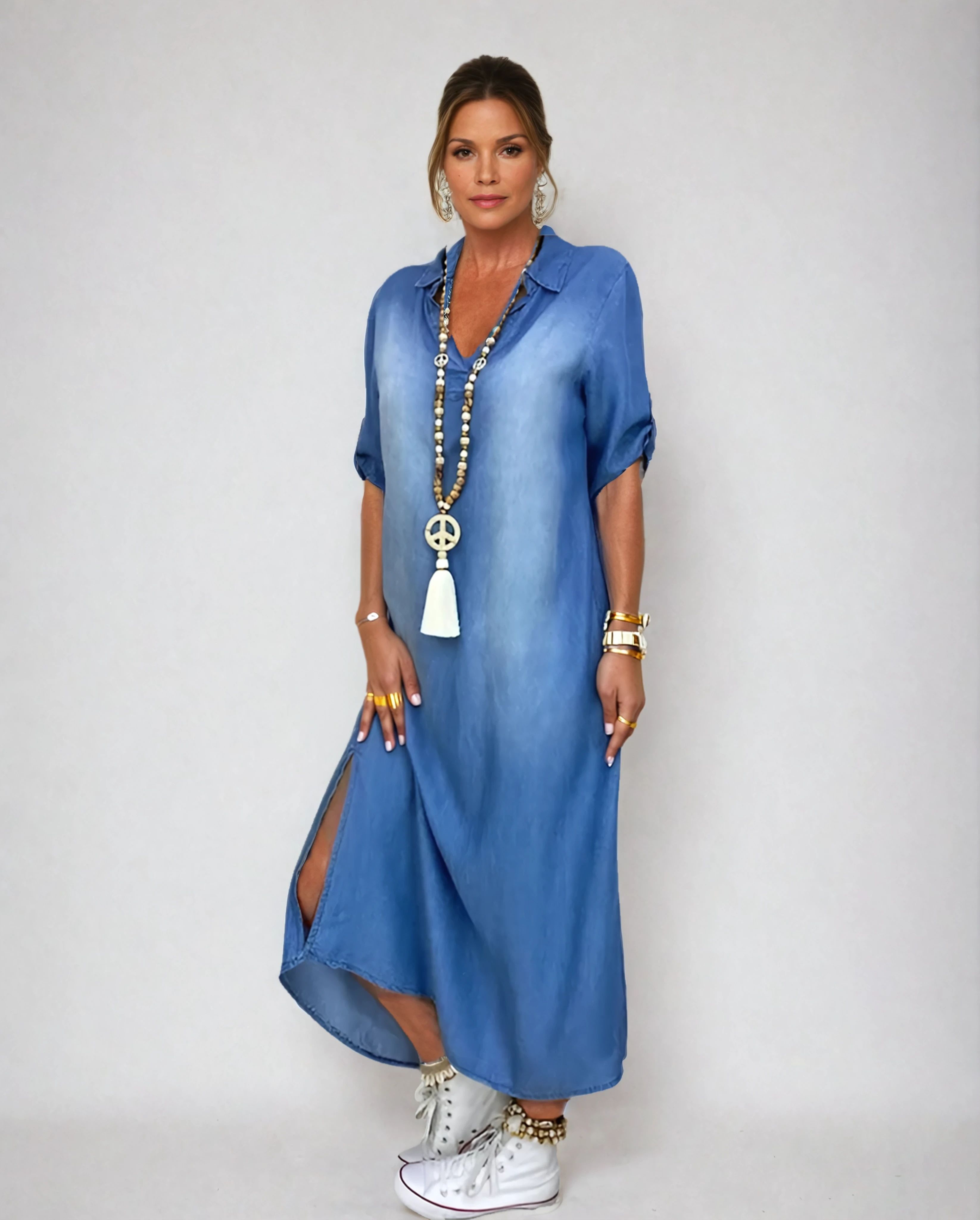 Lea | Rochie din denim lungă cu fante laterale