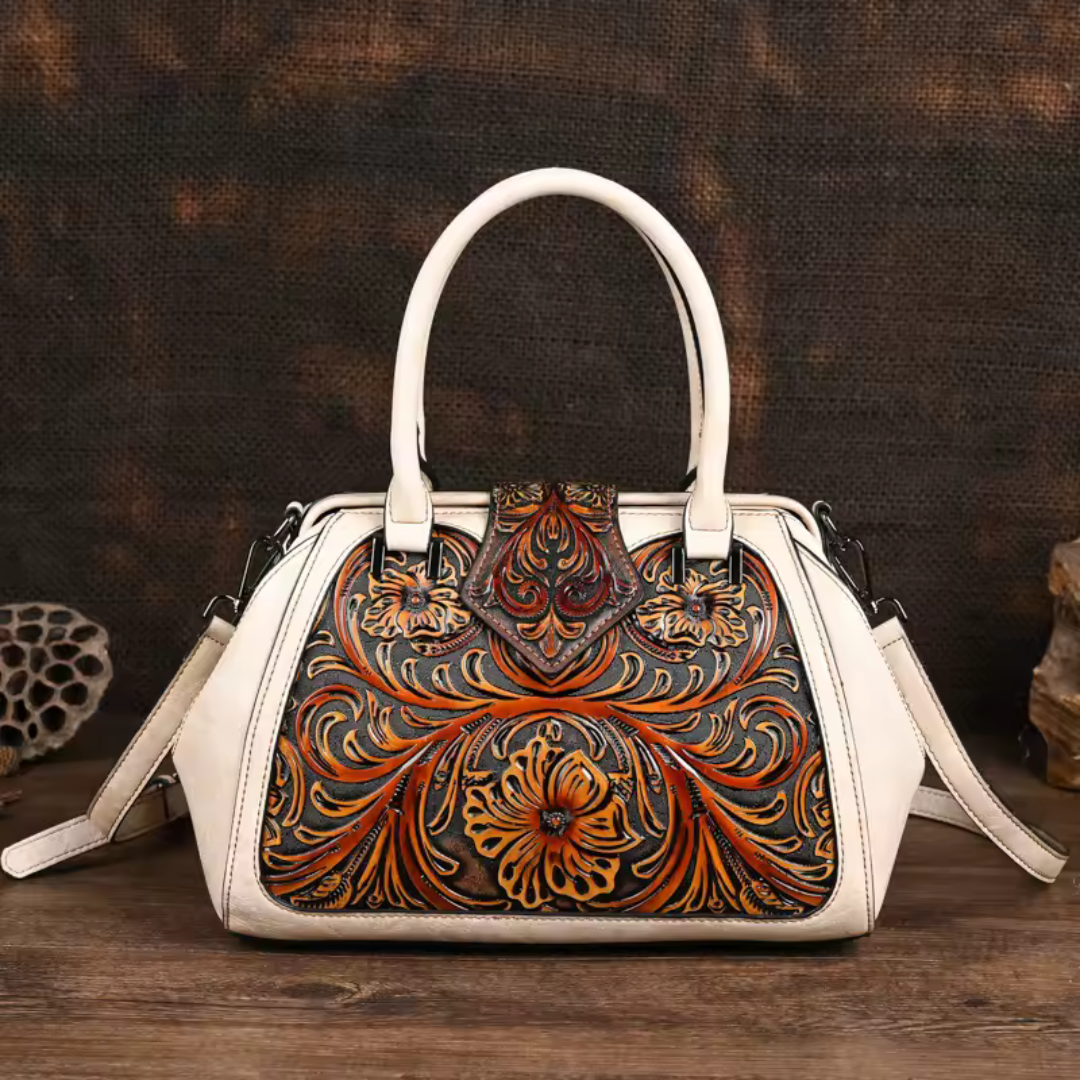 Florina - Geantă de mână din piele cu design floral gravat