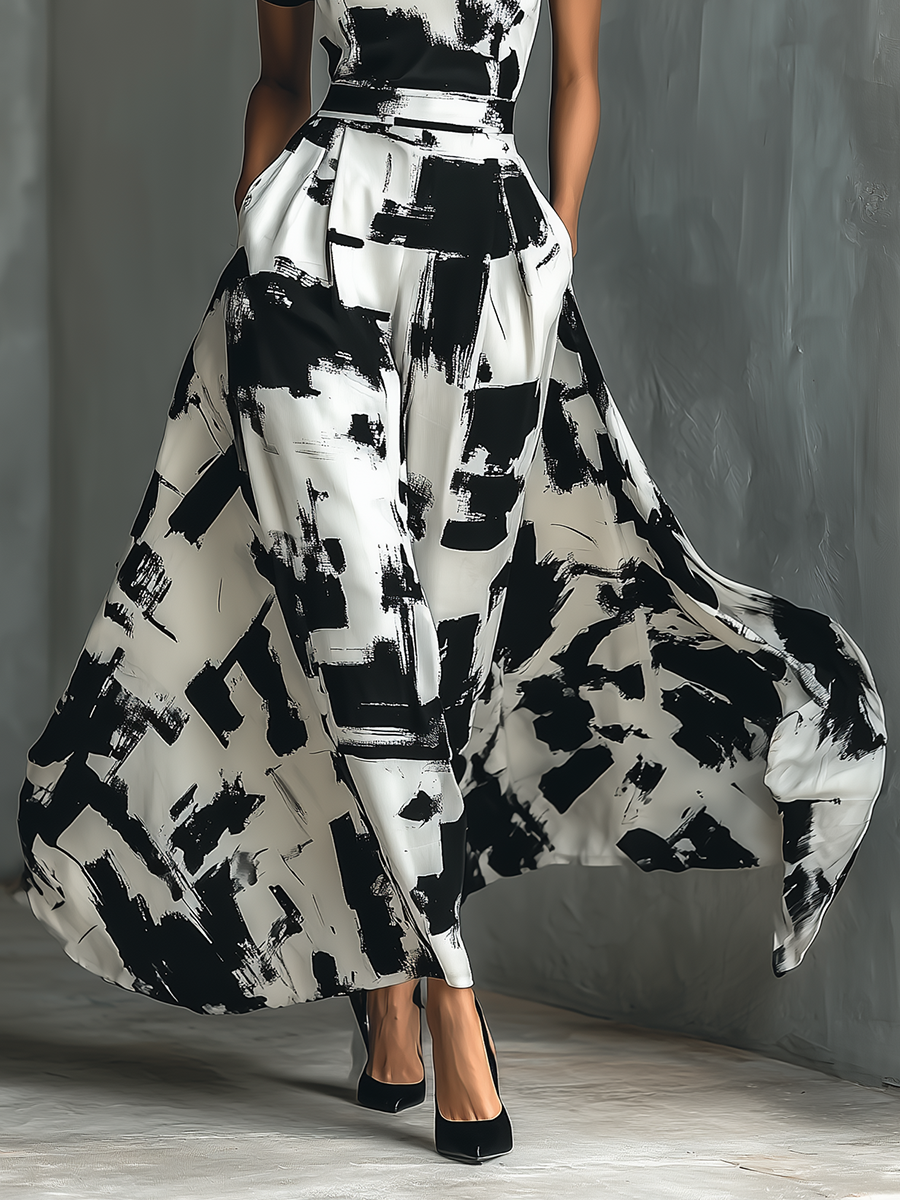 Rochie Maxi cu Mâneci Scurte și Imprimare Abstractă
