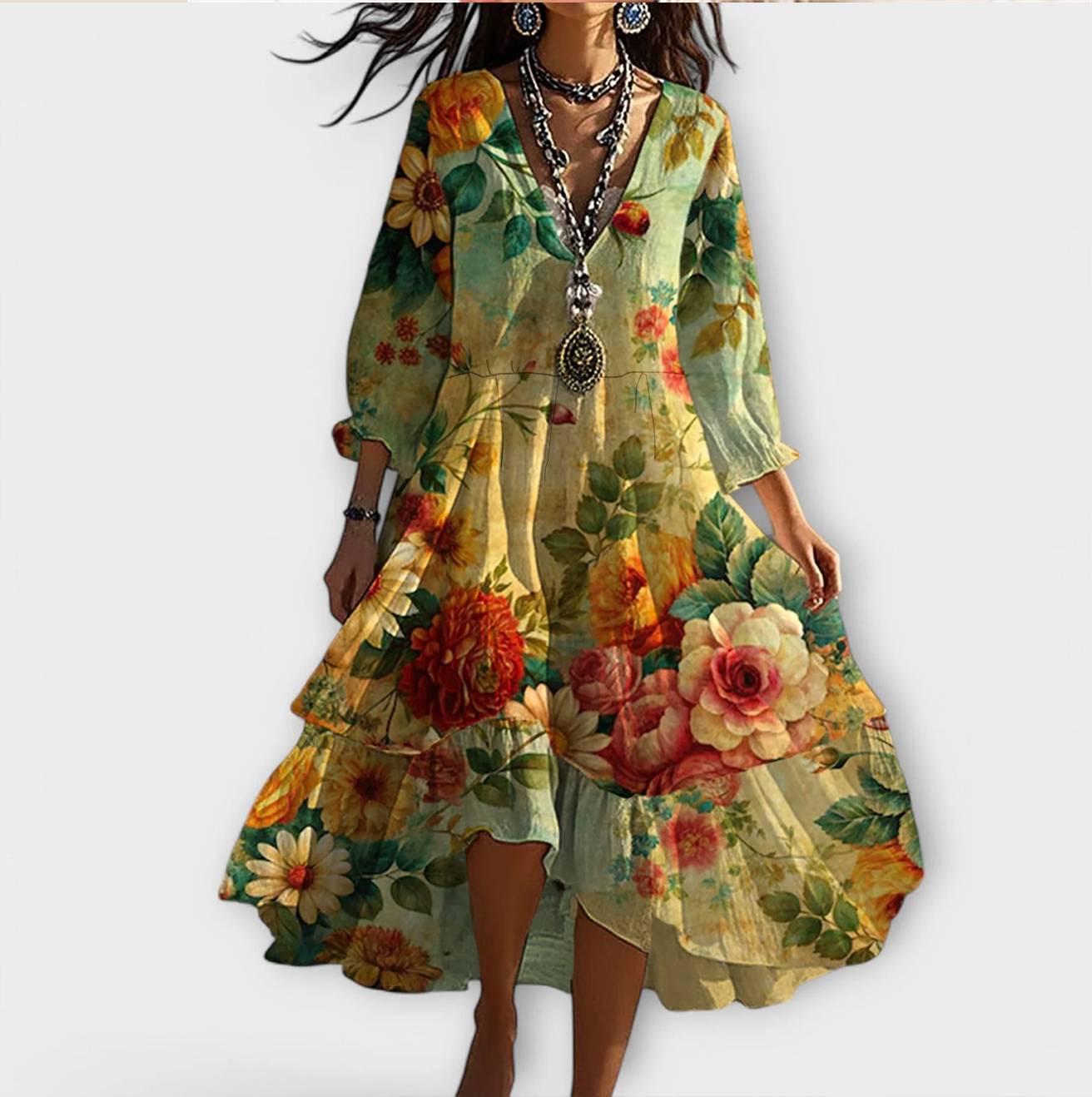 Marina - Rochie Vintage Boho cu Model Floral și Decolteu în V