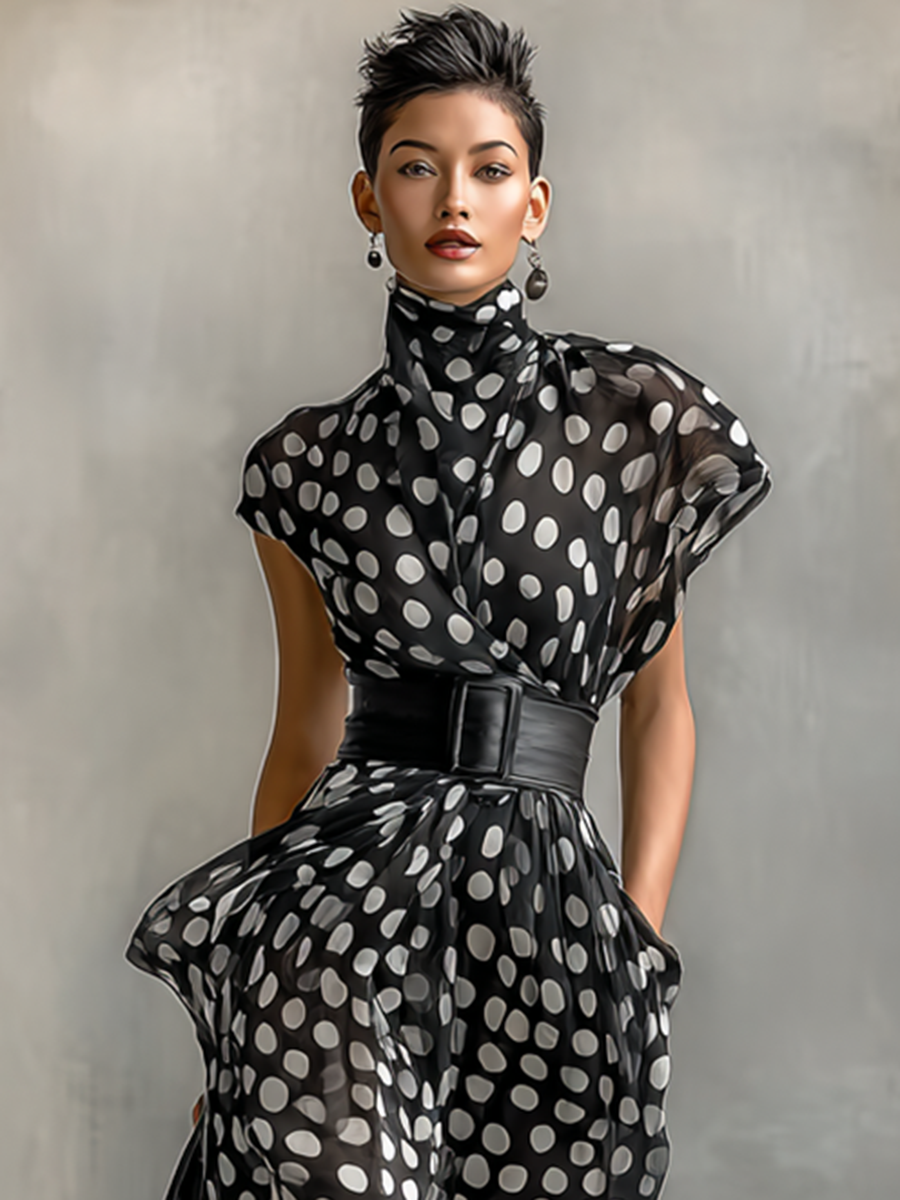 Rochie Maxi din Chiffon cu Model Punctat și Guler Înalt