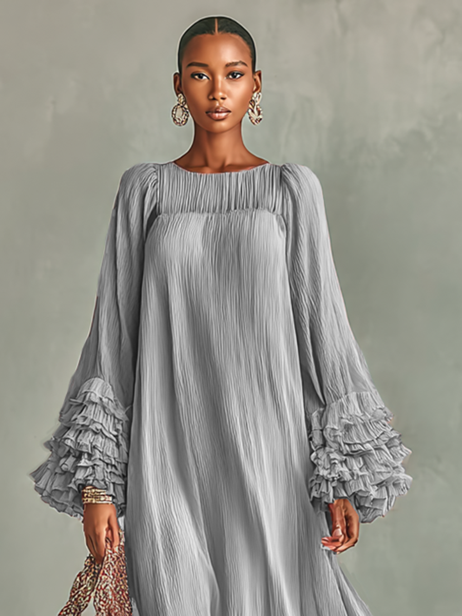 Rochie Maxi din Chiffon Plisat pentru Femei cu Mâneci Lungi și Volane