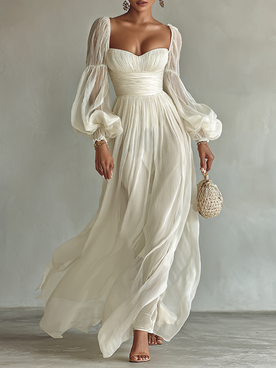 Rochie Maxi din Chiffon pentru Femei cu Decolteu Patrat și Mâneci Lungi