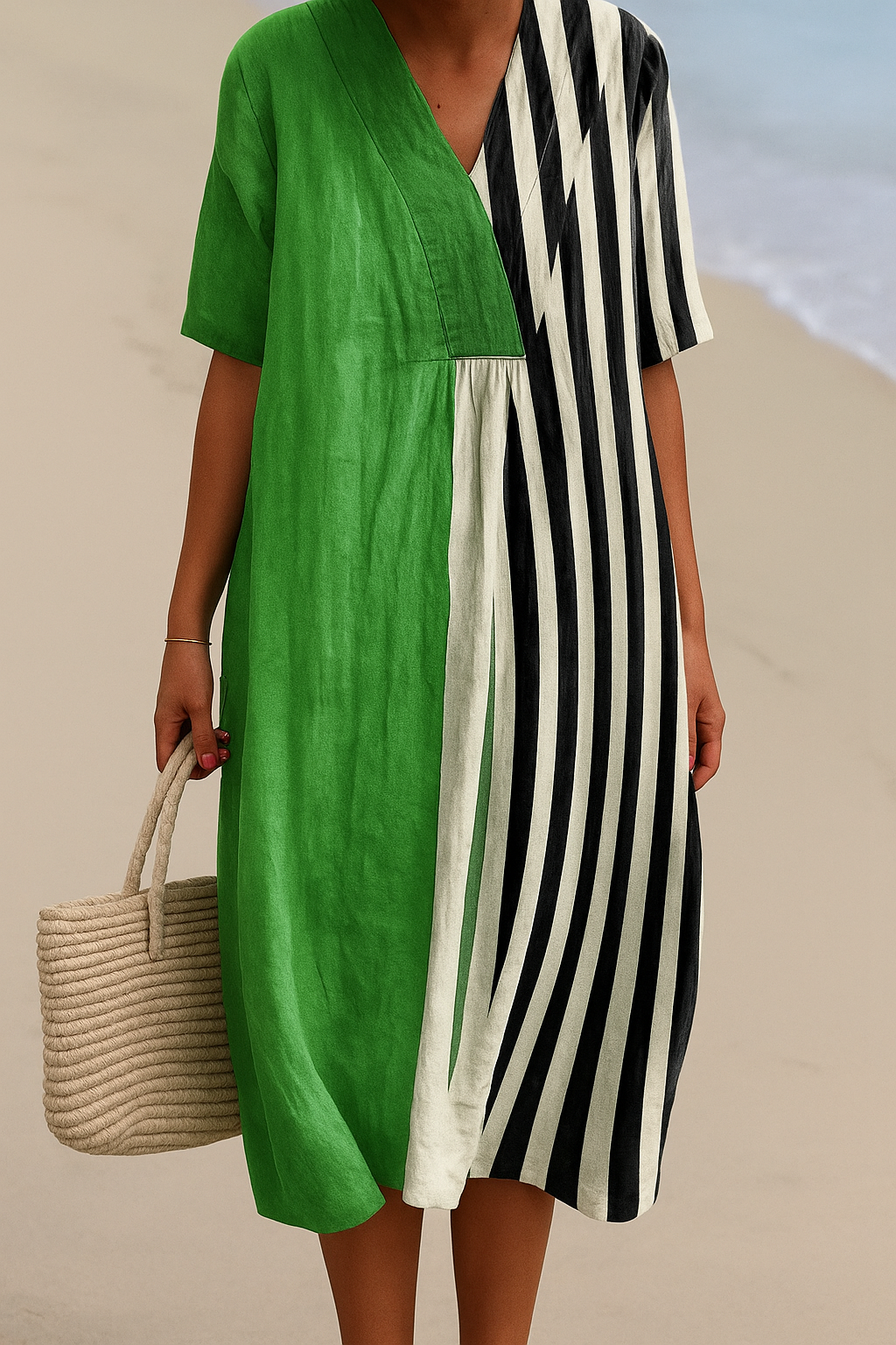 Iris | Rochie verde strălucitor cu dungi negre