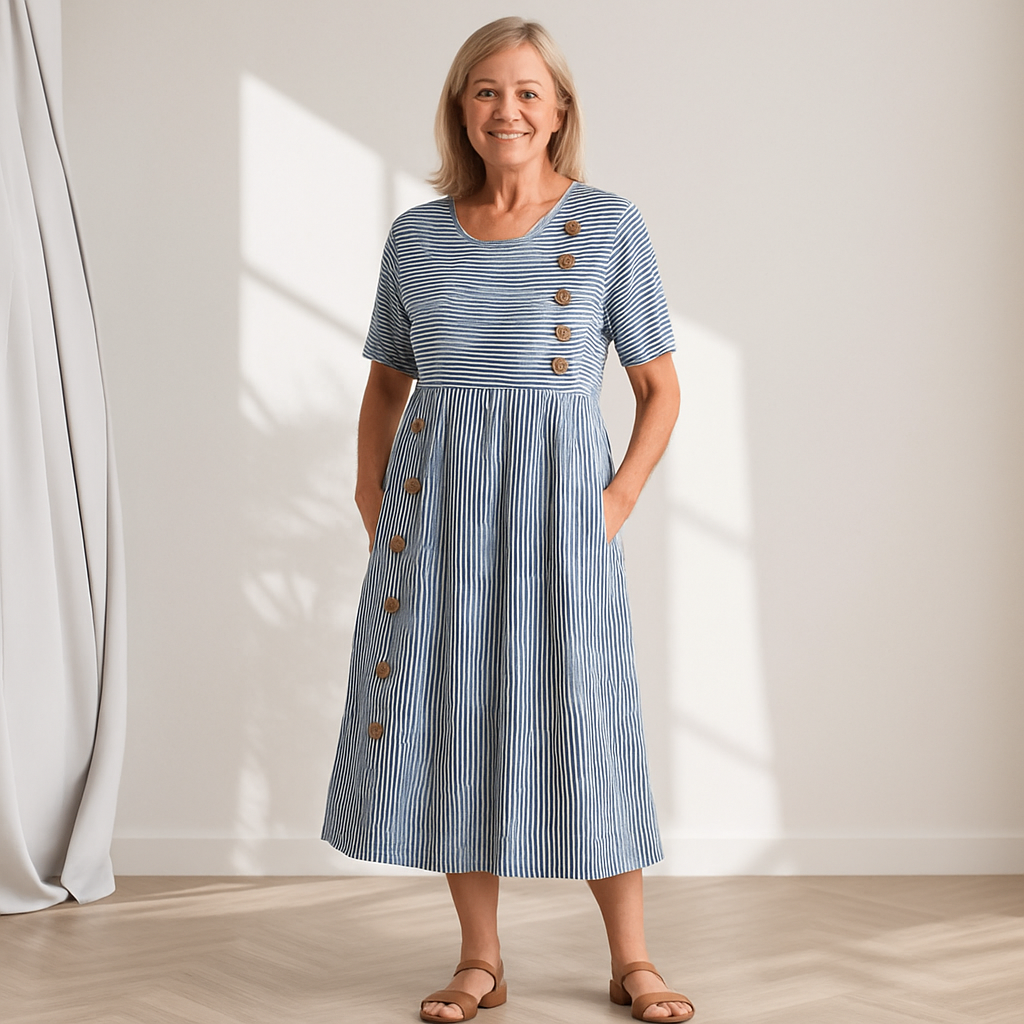 Sofia – Rochie Rayée cu Butoane și Croială Confortabilă & Țesătură Moale