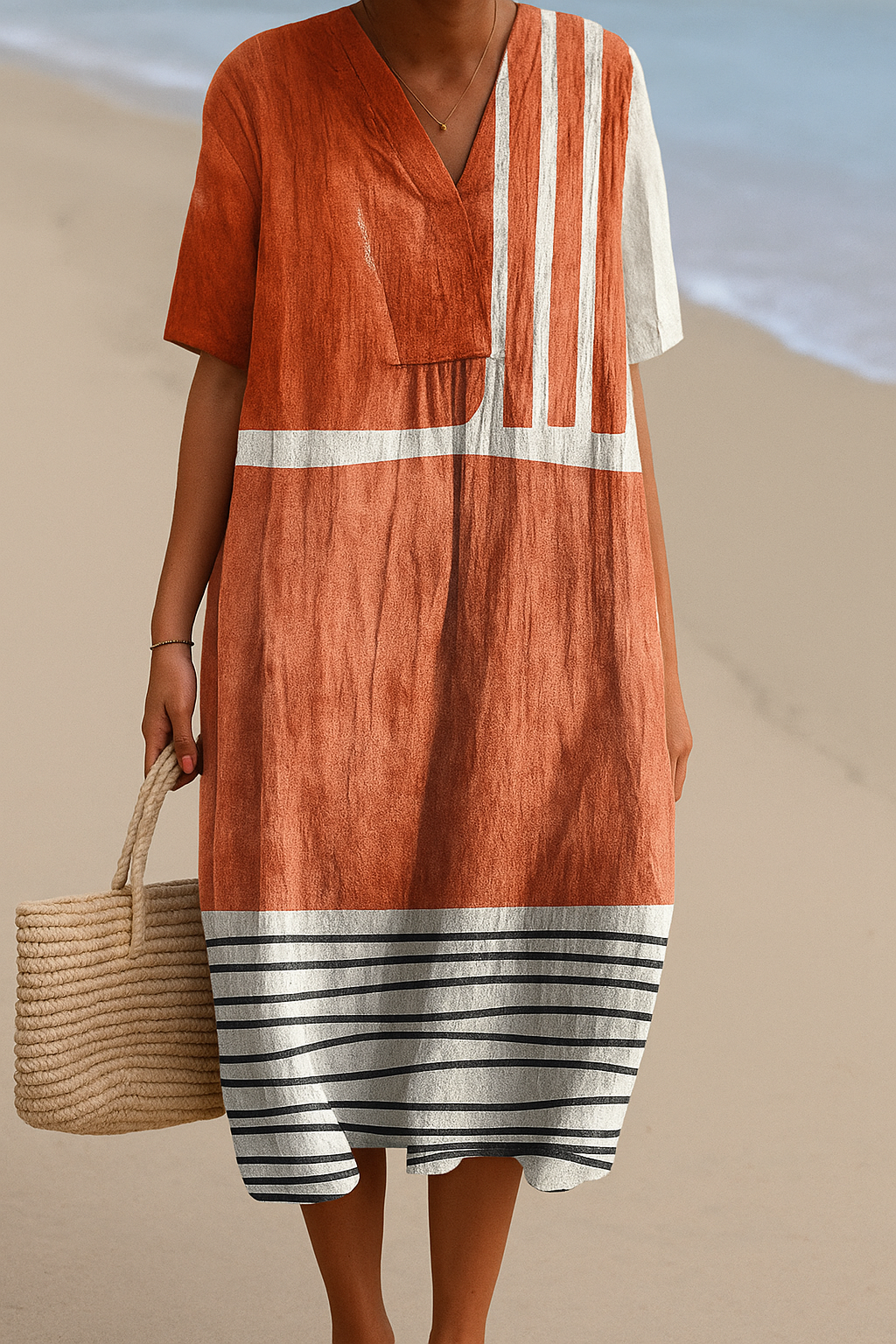Mara | Rochie terracotta cu dungi grafice