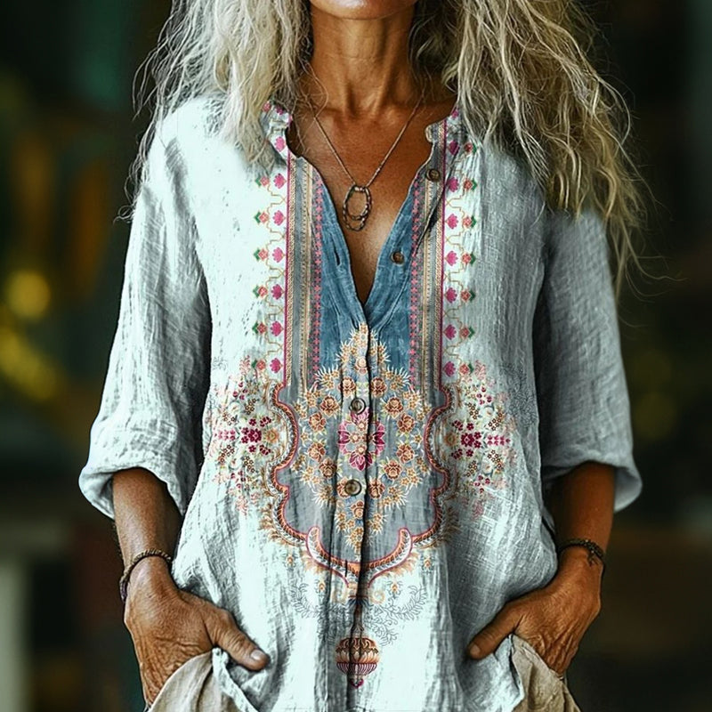 【Manșete Lungi】Cămașă cu Imprimat Etnic Vintage