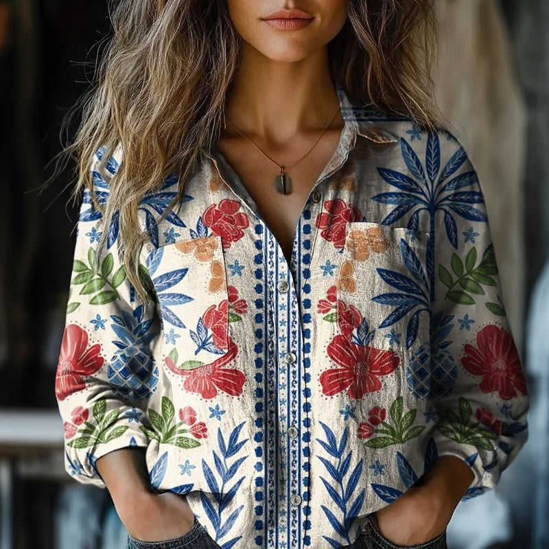 【Manșete Lungi】Cămașă cu Imprimat Floral Vintage