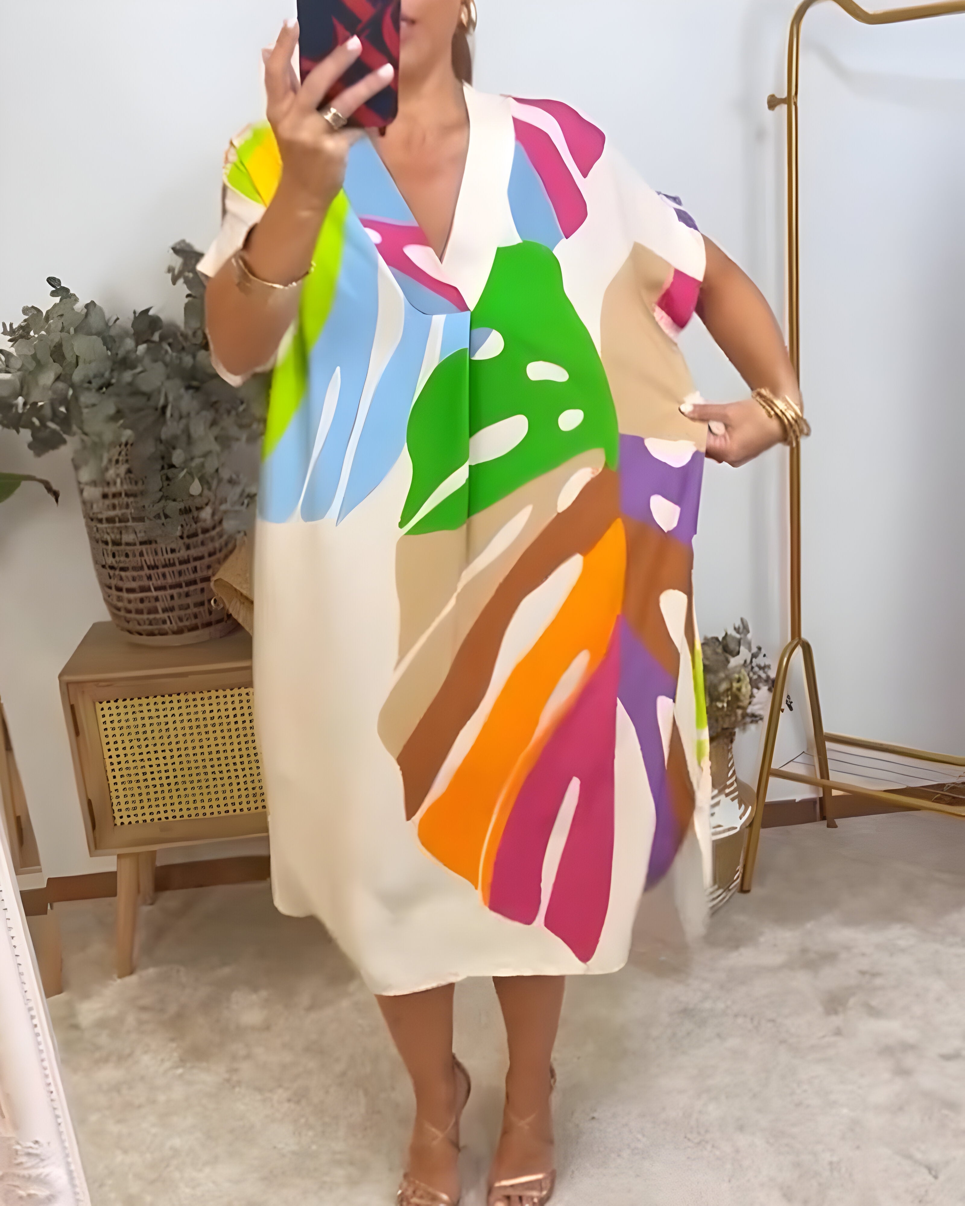 Roos™ | Rochie Zilnică cu Imprimare Colorată de Frunze