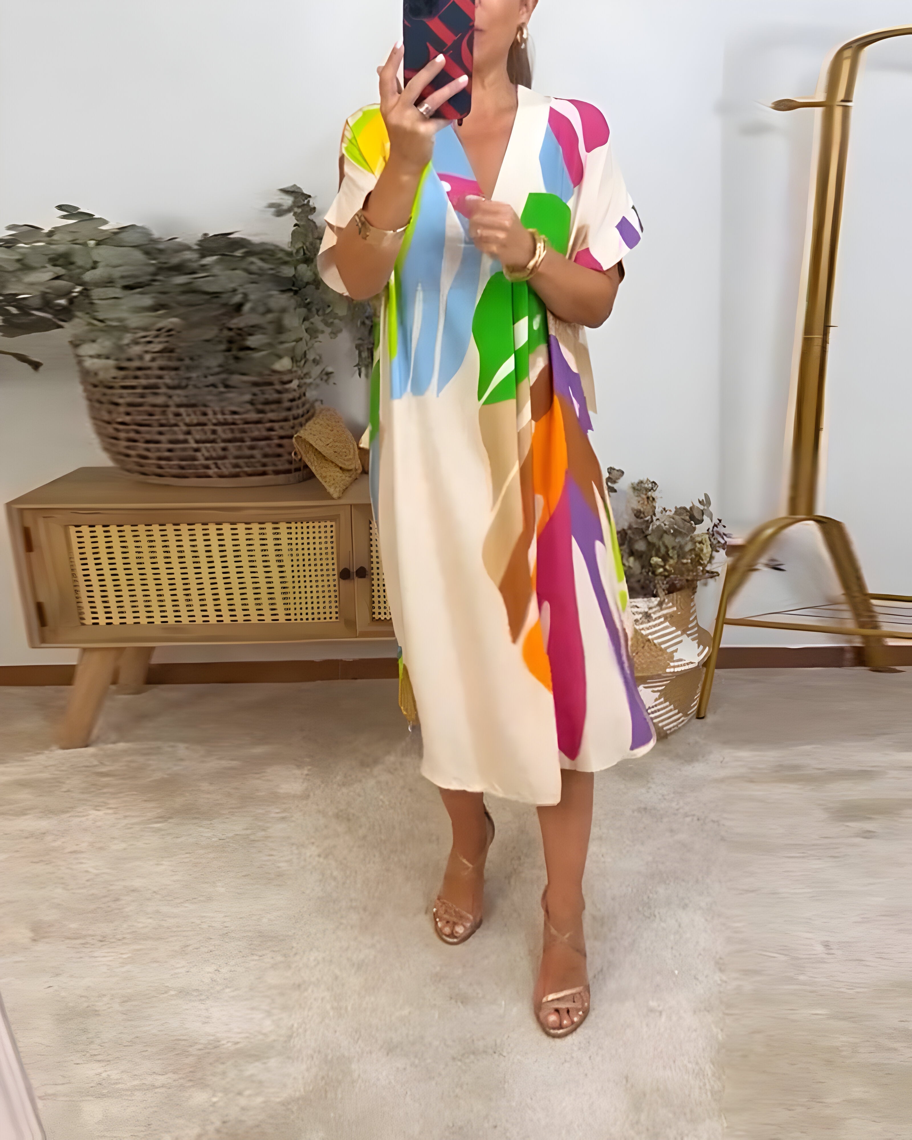 Roos™ | Rochie Zilnică cu Imprimare Colorată de Frunze