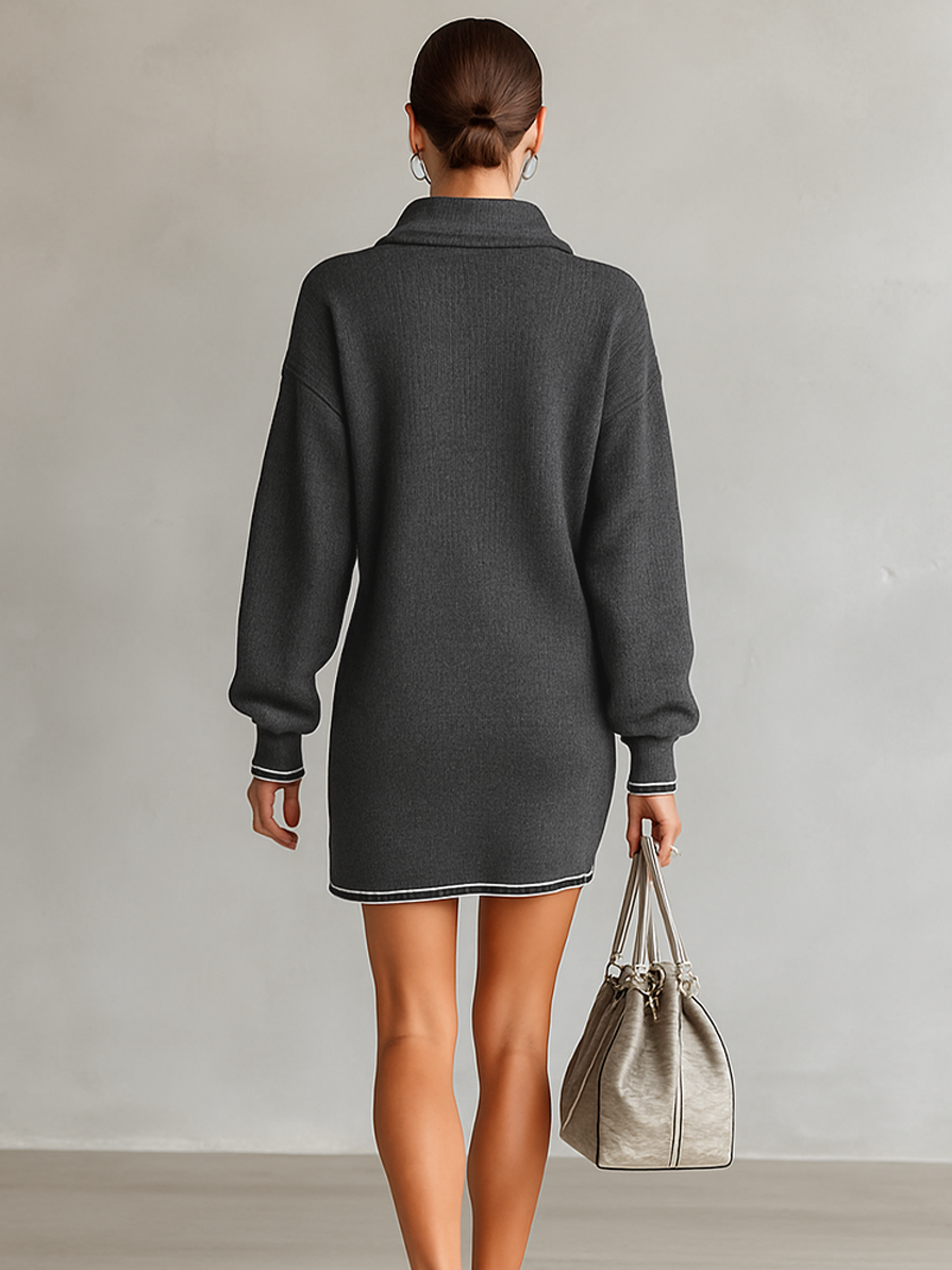 Rochie Mini din Tricot Larg cu Guler Polo și Fermuar