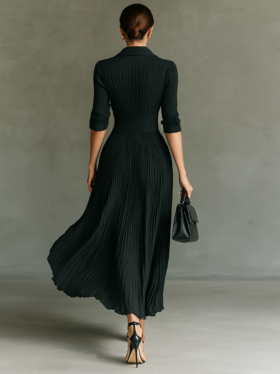 Rochie Maxi Lungă cu Mâneci Lungi, Guler Revers și Plisaje