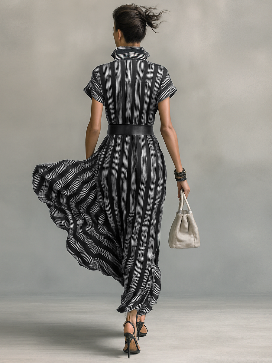 Rochie Maxy Chiffon Împăturită cu Guler și Mâneci Scurte pentru Femei cu Curea