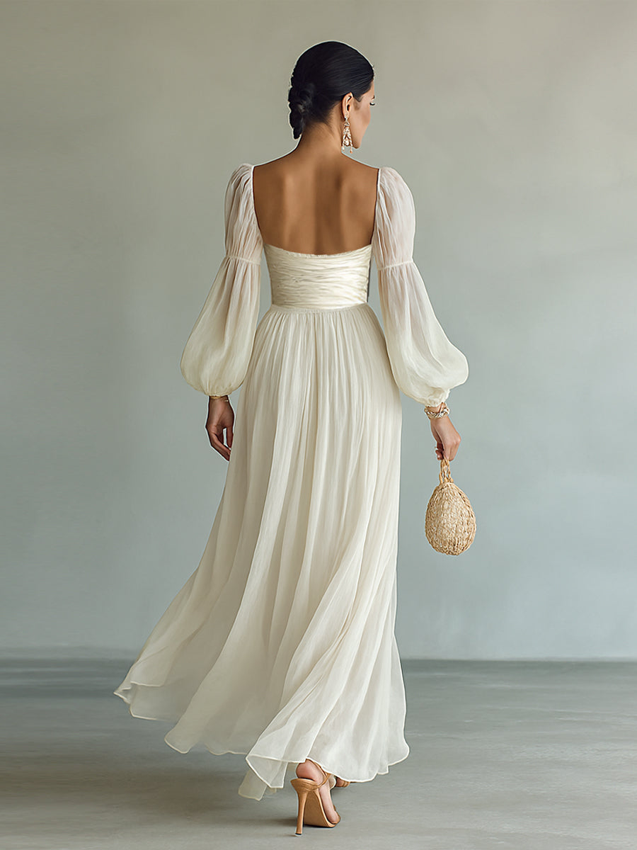 Rochie Maxi din Chiffon pentru Femei cu Decolteu Patrat și Mâneci Lungi
