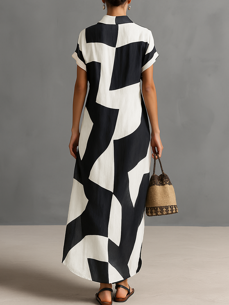 Rochie Camasa Maxi din Chiffon pentru Femei cu Imprimare Geometrică Irregulară și Guler Reversibil, Mâneci Scurte, Buton Unic