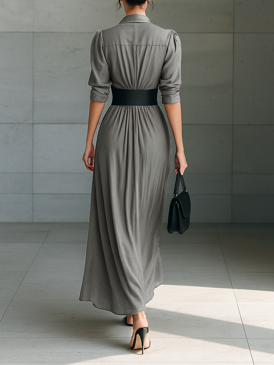 Rochie Maxi cu Guler Revers și Mâneci Lungi