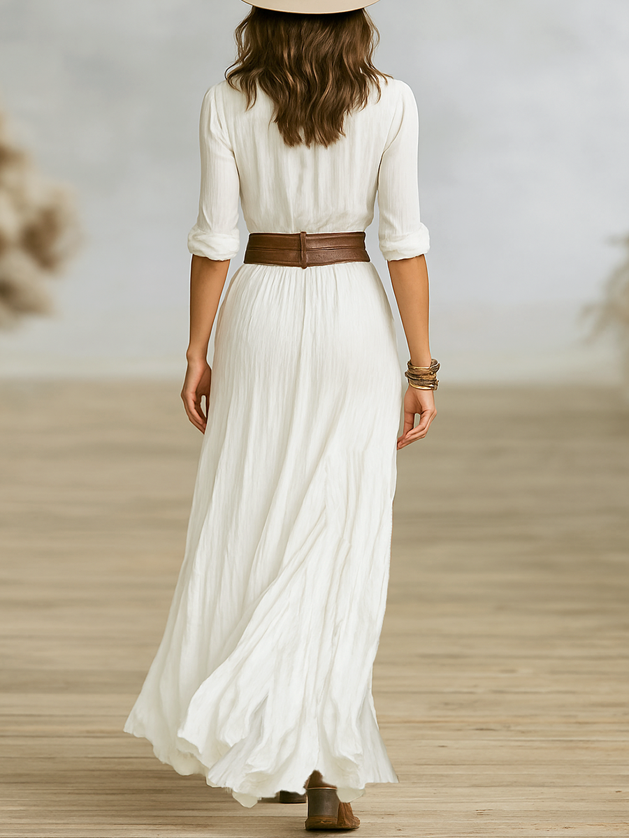 Rochie Maxi Lungă pentru Femei din Bumbac și In Imitat cu Guler Tip Rever