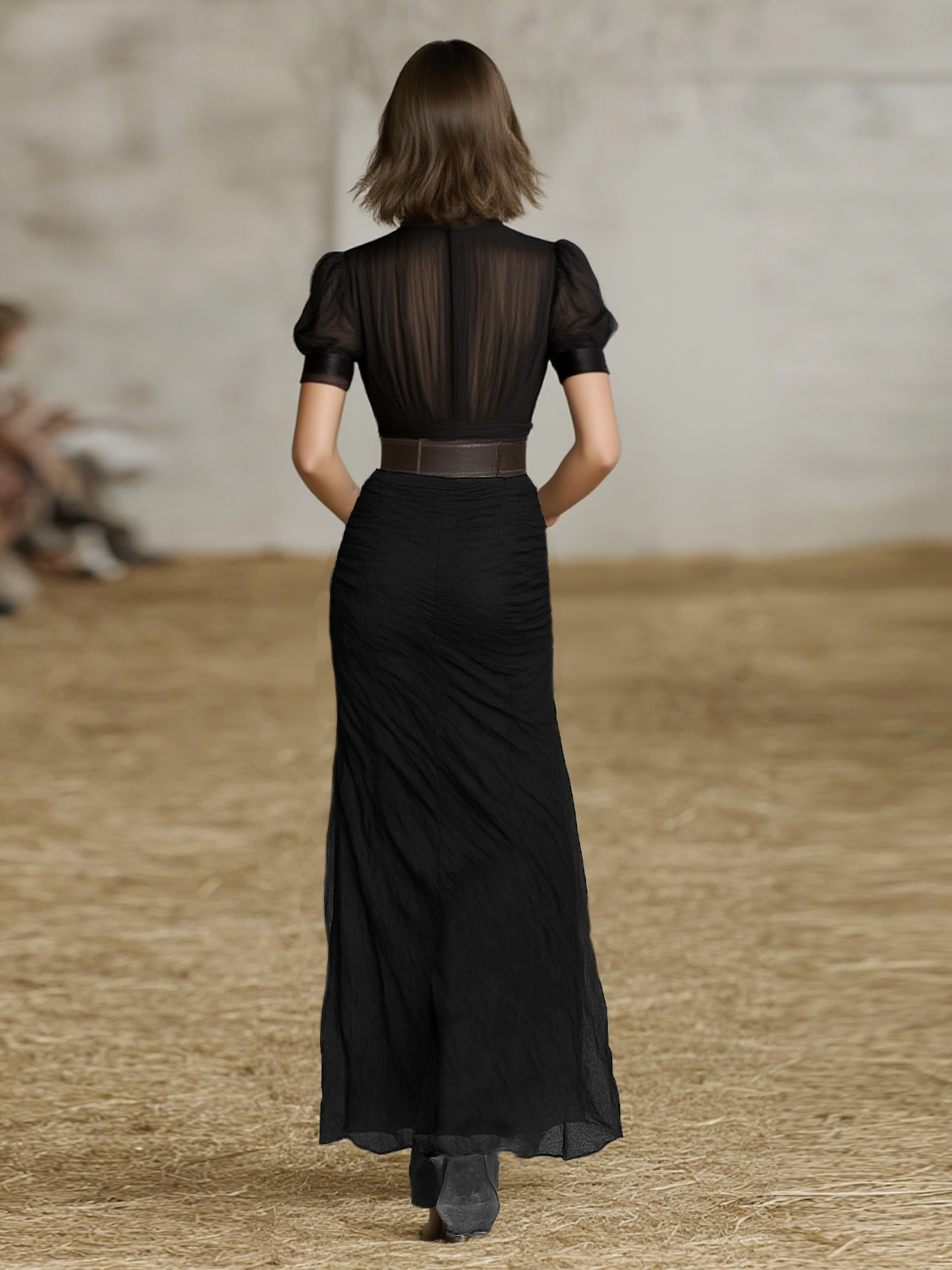 Rochie Maxi din Chiffon Plisat cu Rever și Mâneci Scurte