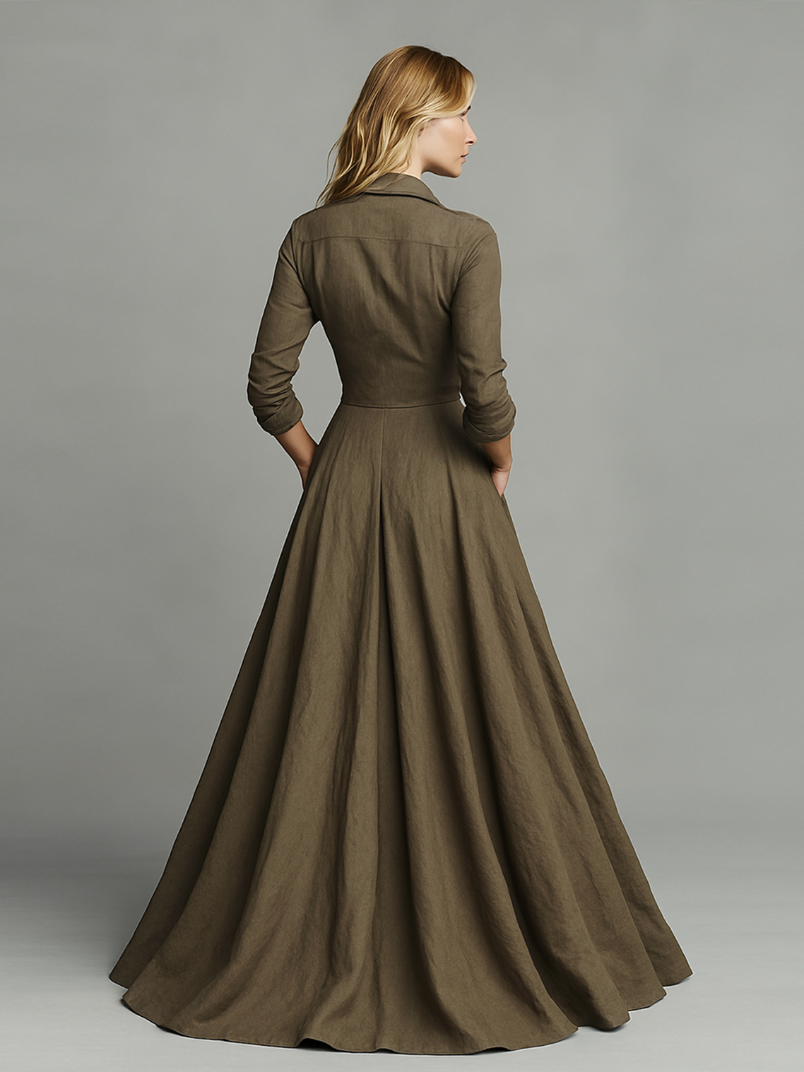 Rochie Maxi Vintage din Bumbac și In pentru Femei cu Design Tip Cămașă