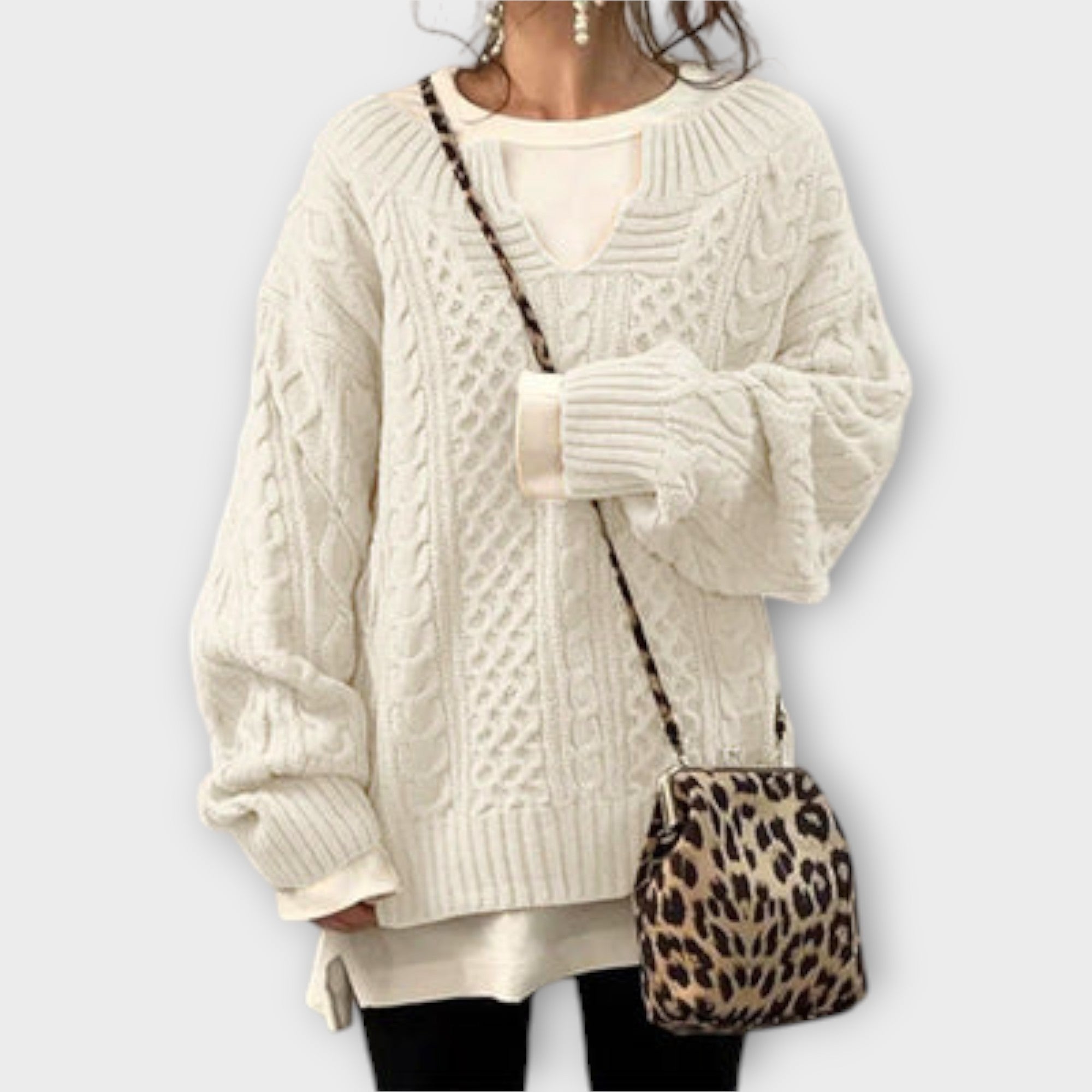 Pulover Oversized Tricotat cu Model în Cablu