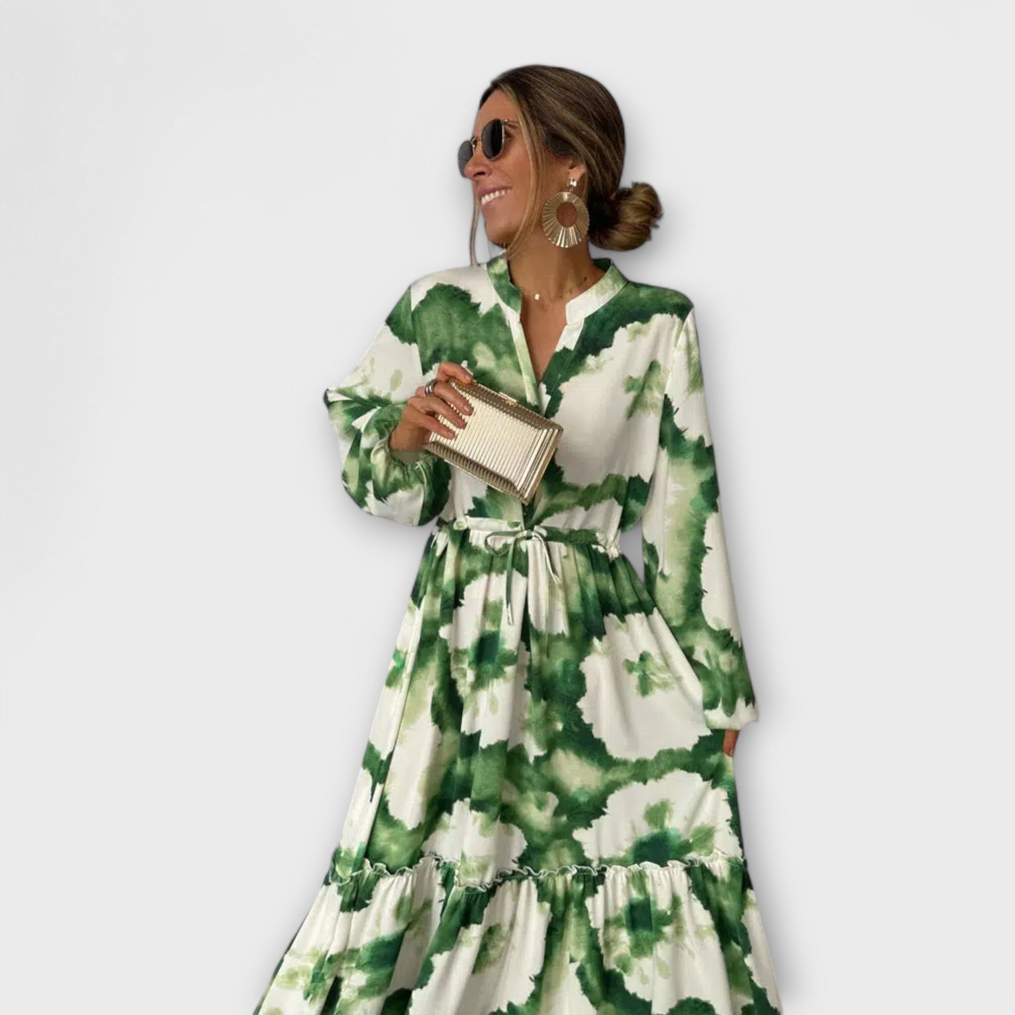 Melina - Rochie maxi verde cu mâneci lungi și decolteu în V