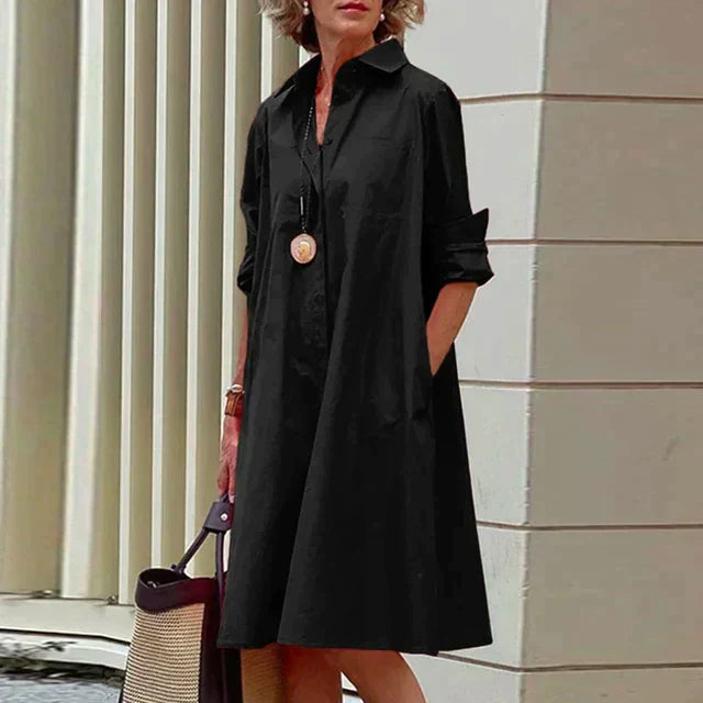 Clara | Rochie Midi Retro cu Guler și Linie A Elegantă