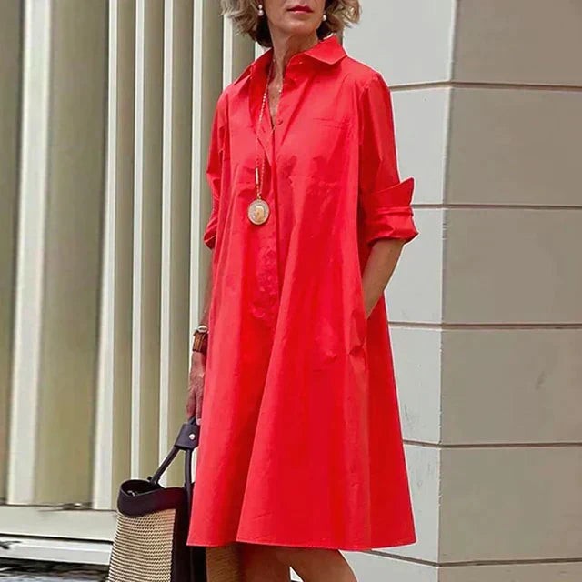 Clara | Rochie Midi Retro cu Guler și Linie A Elegantă