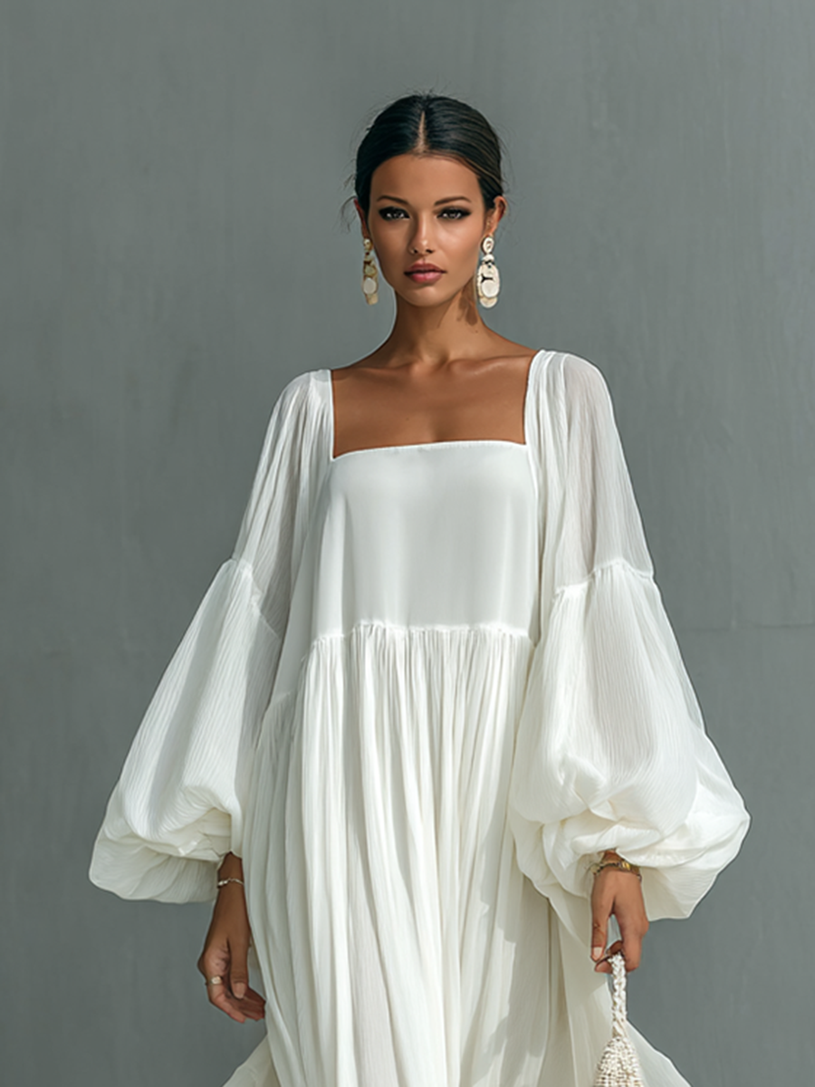 Rochie Maxy Plisată cu Mâneci Tip Lanternă și Guler Tip Rever