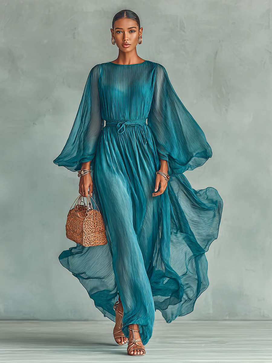 Rochie Maxi din Chiffon cu Guler Rotund și Mâneci Lungi pentru Femei, cu Talie Reglaibilă