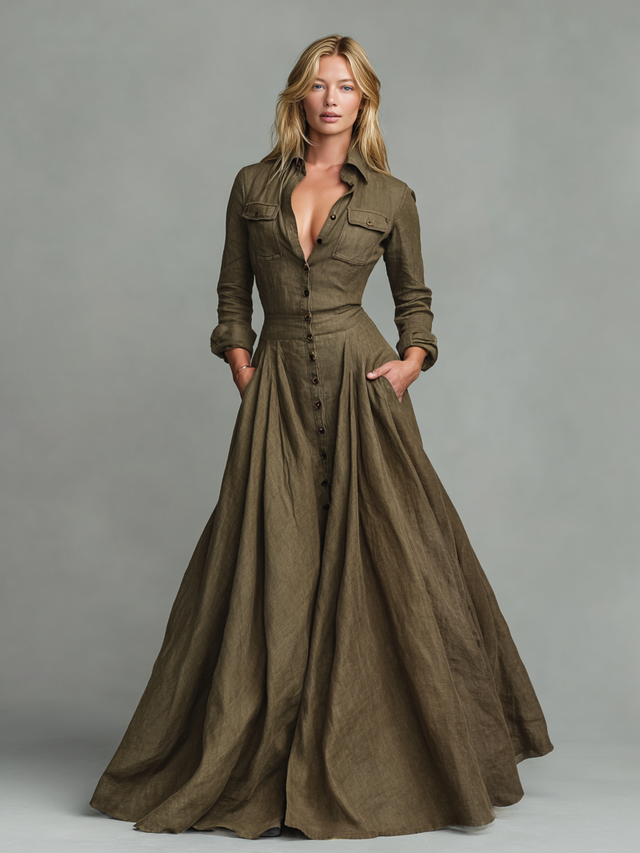 Rochie Maxi Vintage din Bumbac și In pentru Femei cu Design Tip Cămașă