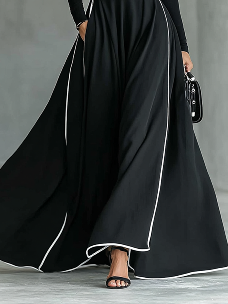 Rochie Maxi Neagră cu Cusături Albe, Gât Înalt, Mâneci Lungi și Curea Strânsă