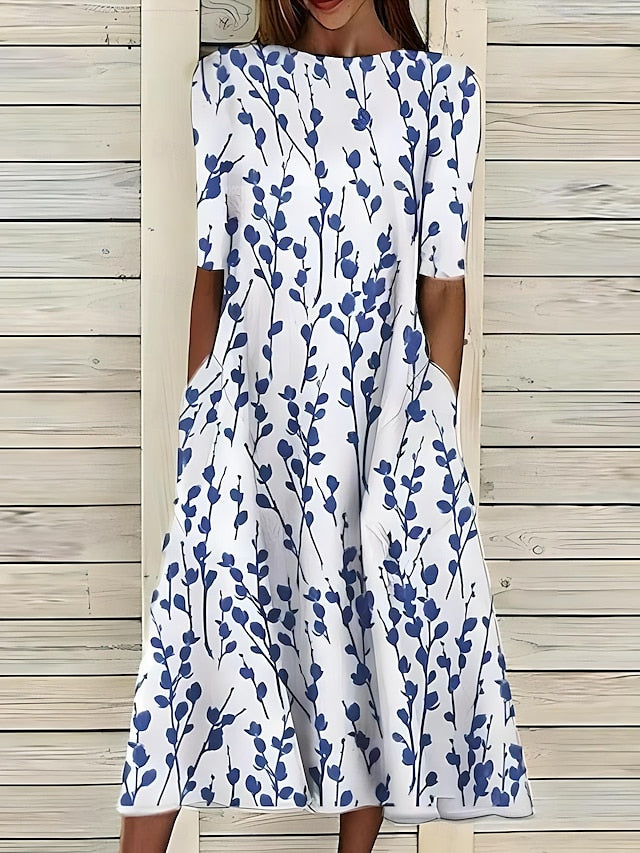 Céleste | Rochie midi de vară cu flori de coastă și decolteu rotund