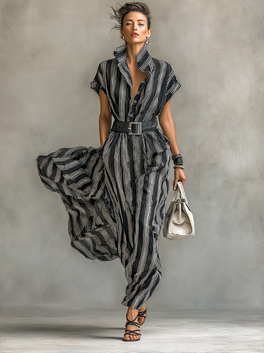 Rochie Maxy Chiffon Împăturită cu Guler și Mâneci Scurte pentru Femei cu Curea