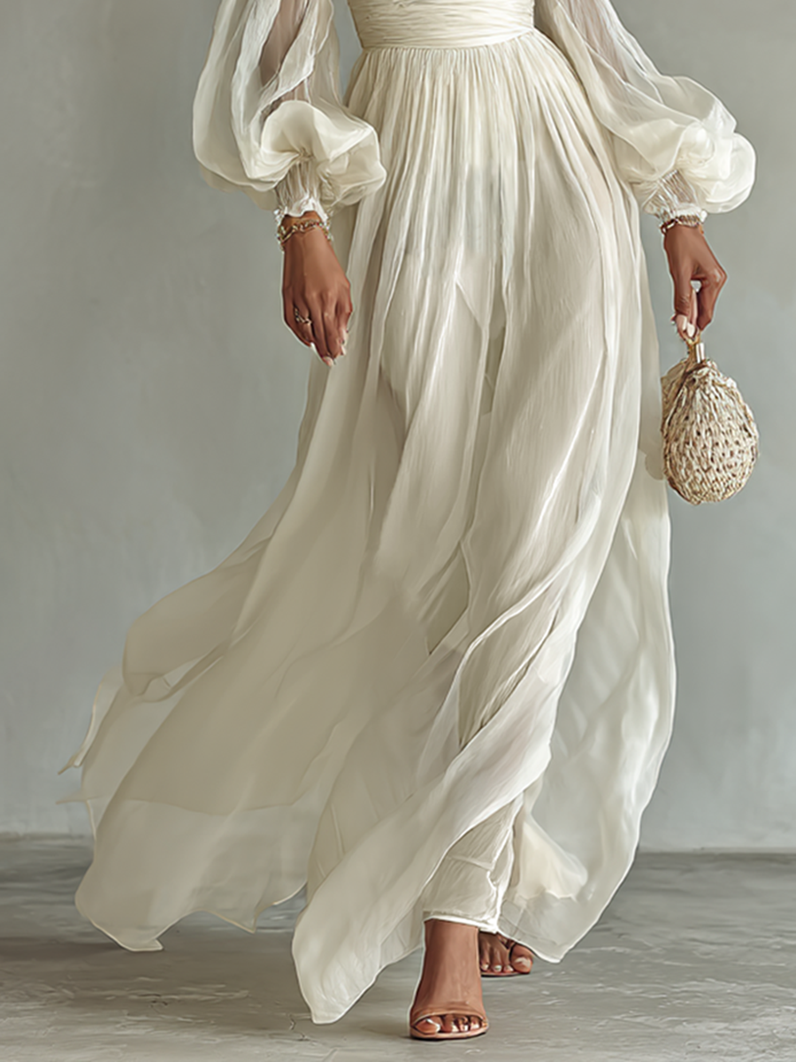 Rochie Maxi din Chiffon pentru Femei cu Decolteu Patrat și Mâneci Lungi
