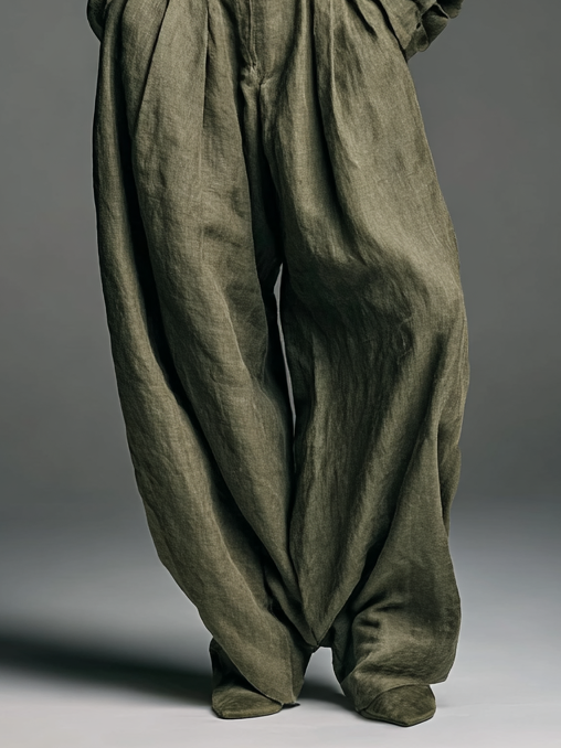 Set de Două Piese Femei din Bumbac și In cu Cămașă cu Mâneci Lungi și Pantaloni cu Picior Larg
