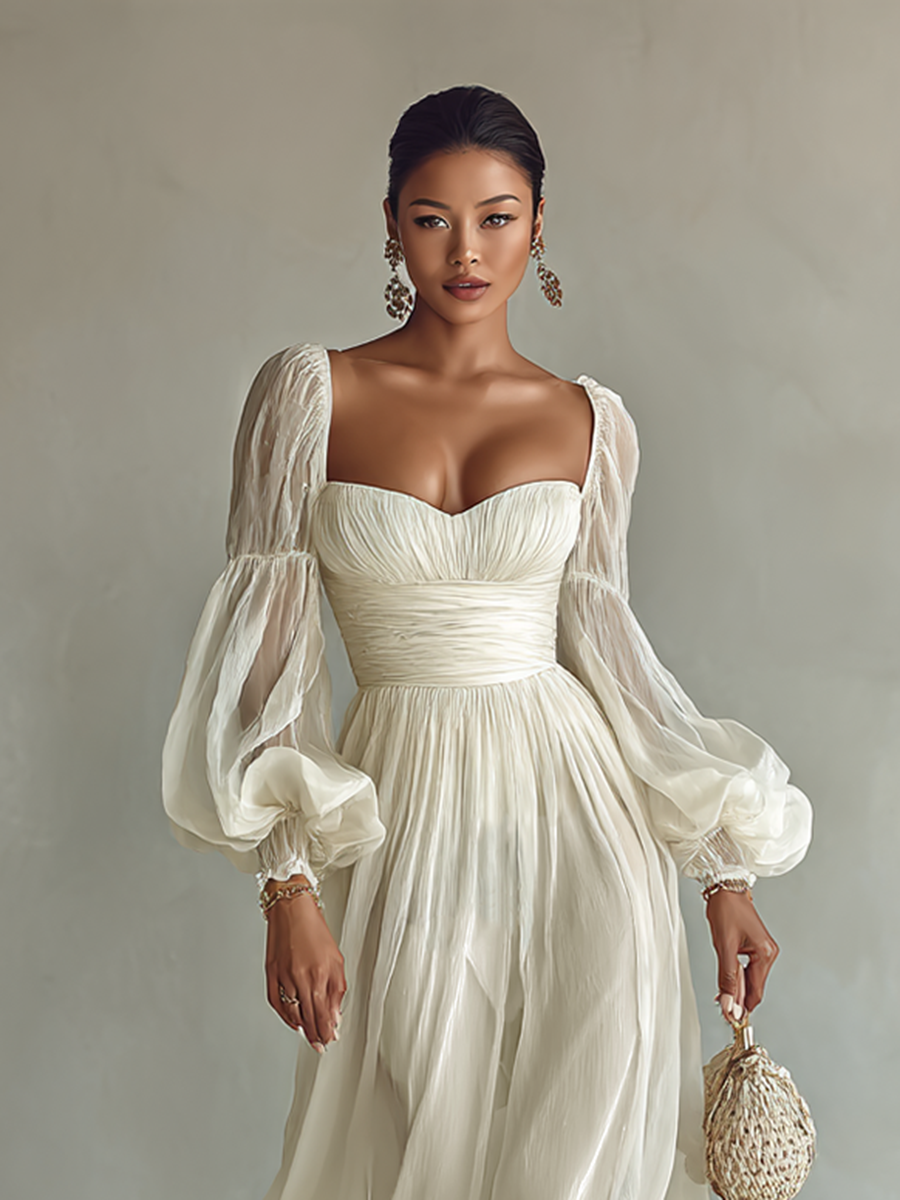 Rochie Maxi din Chiffon pentru Femei cu Decolteu Patrat și Mâneci Lungi