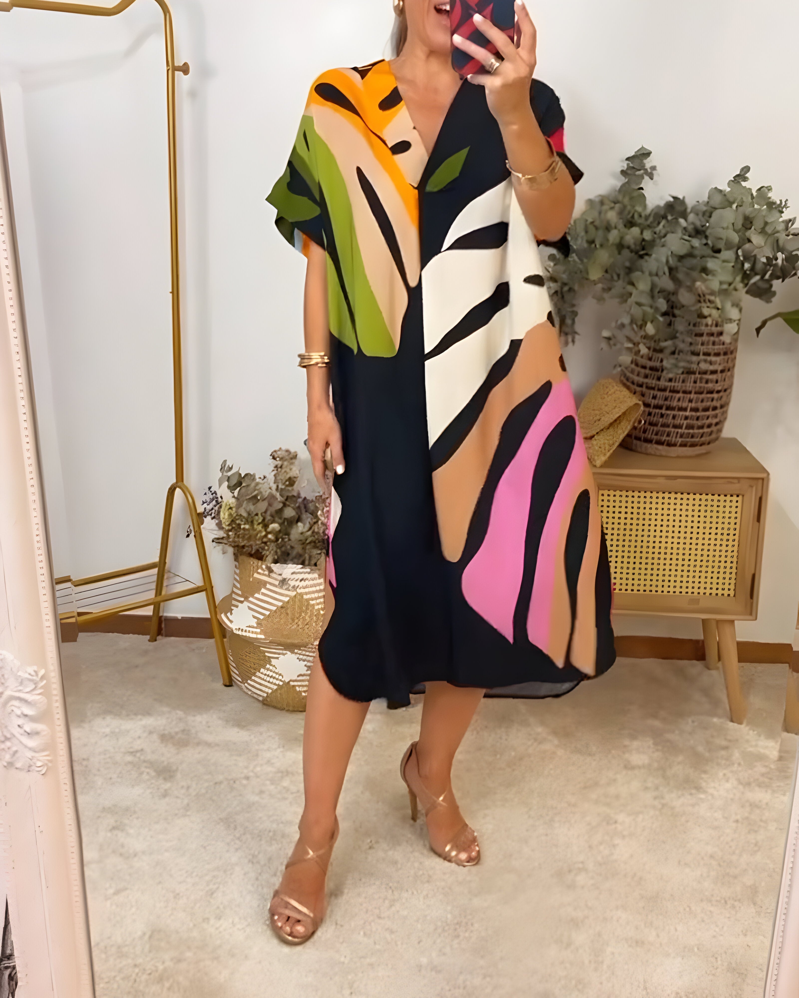 Roos™ | Rochie Zilnică cu Imprimare Colorată de Frunze