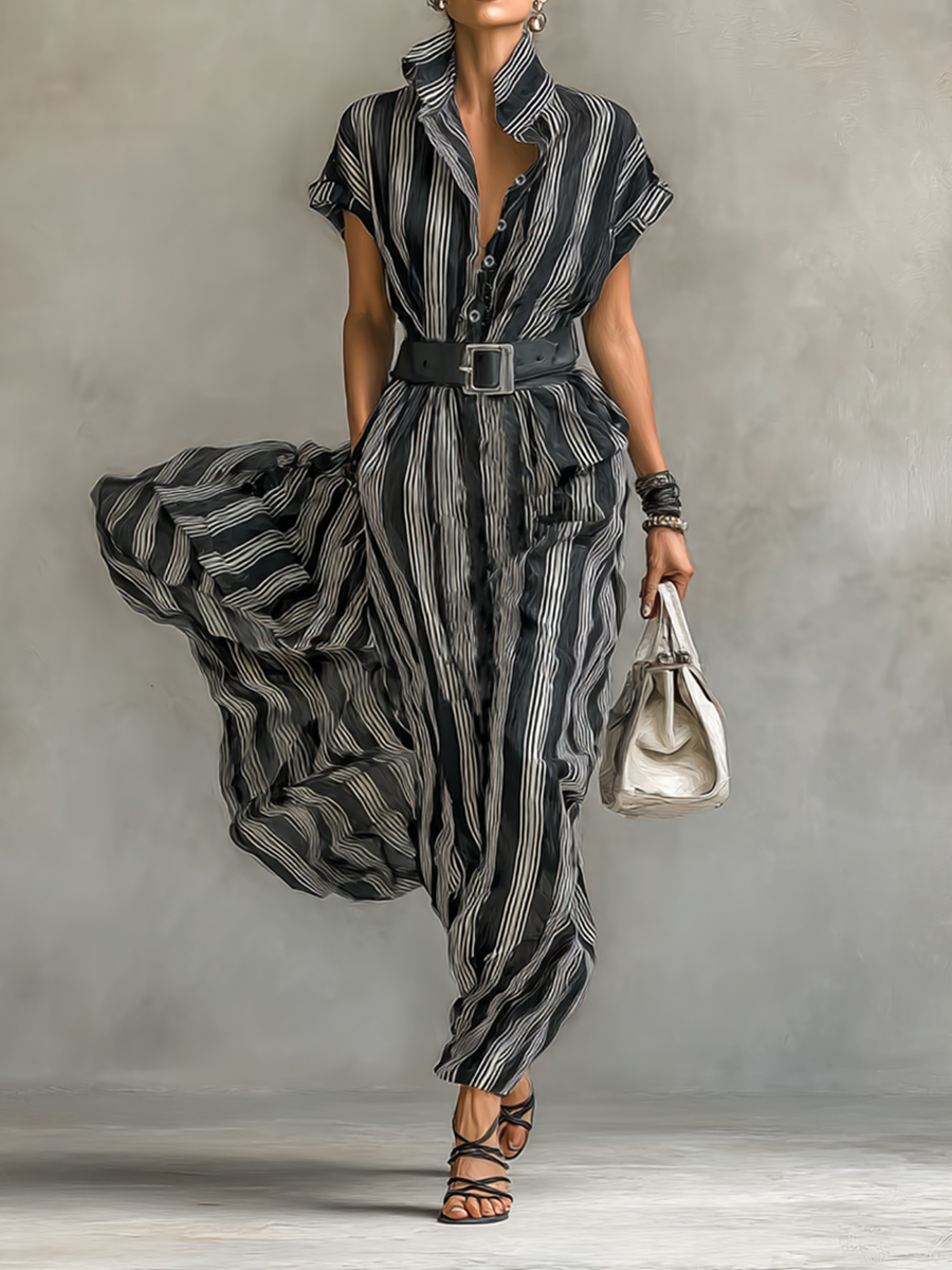 Rochie Maxy Chiffon Împăturită cu Guler și Mâneci Scurte pentru Femei cu Curea
