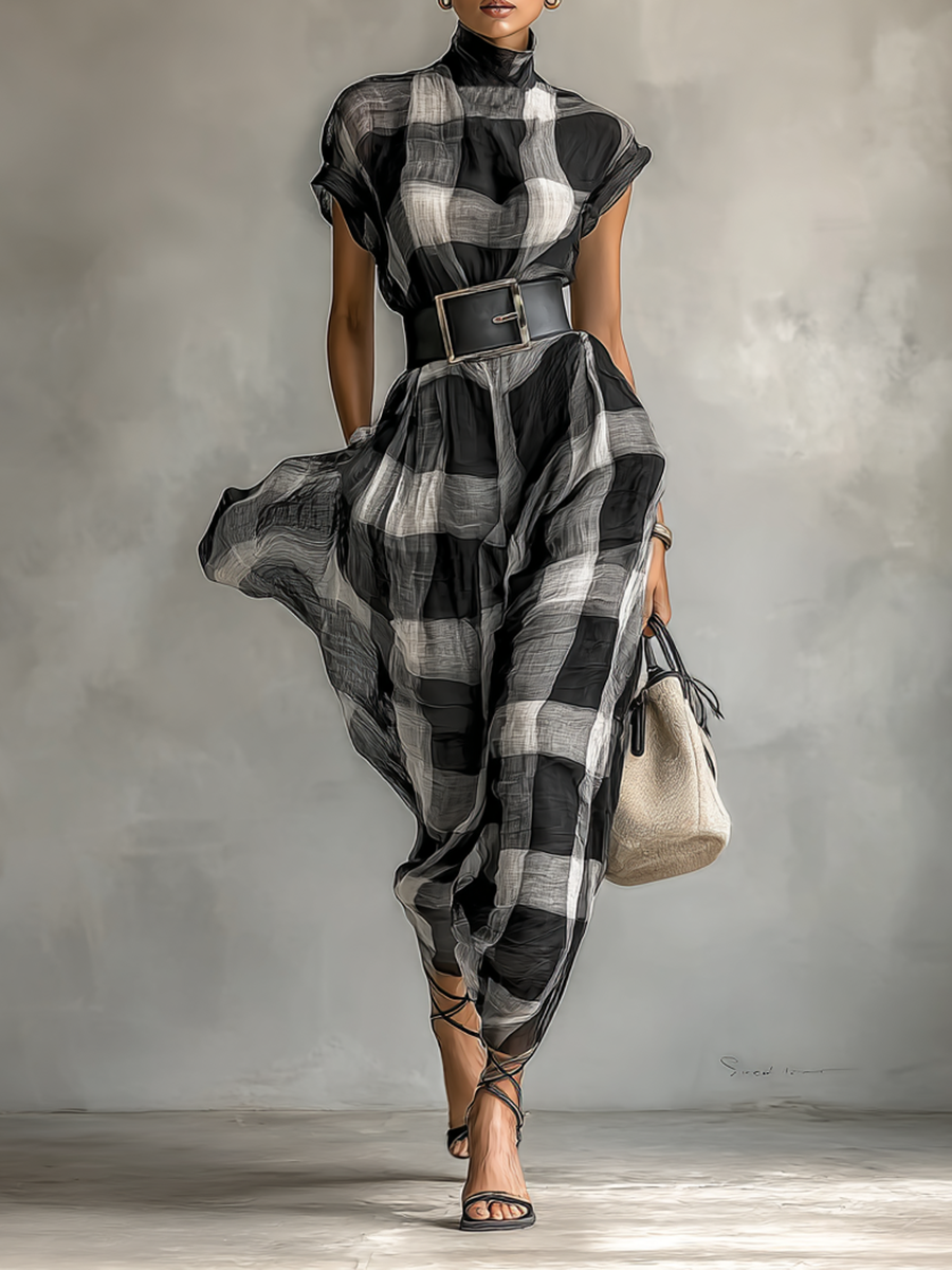 Rochie Maxi din Chiffon în Carouri cu Guler Înalt și Mâneci Scurte