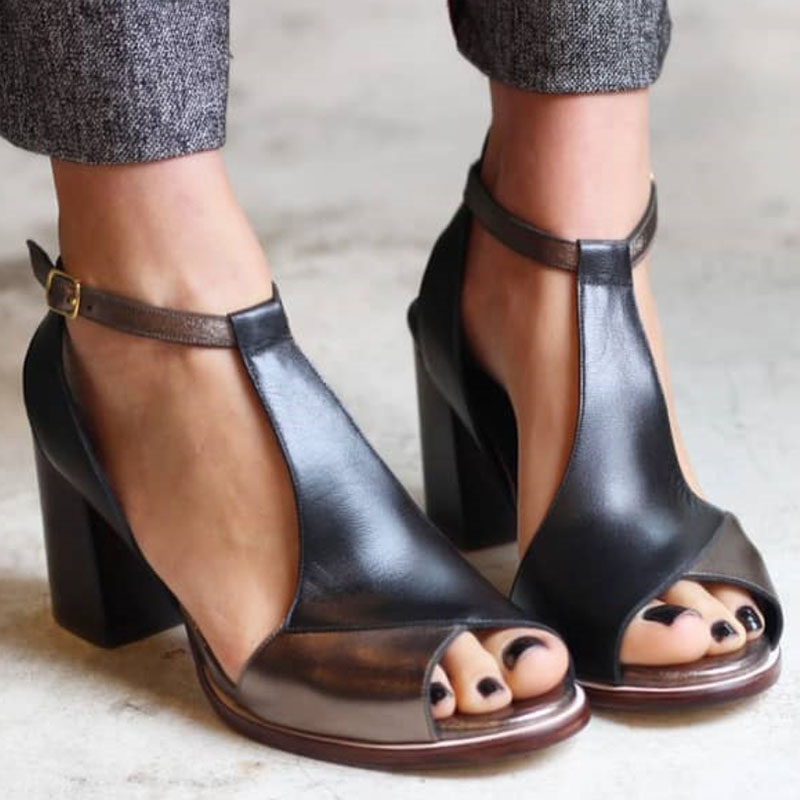 Nadaria | Sandale negre cu toc, din patchwork, cu vârf deschis